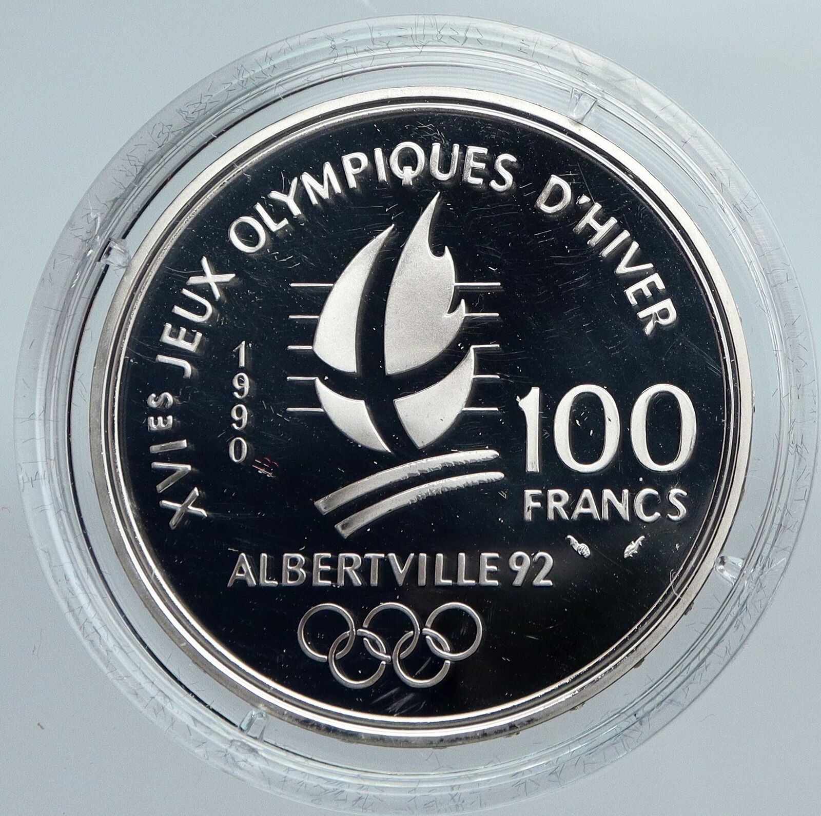 1990 FRANCE Speed Skating 1992 Olympics Proof Silver 100 Francs Coin i89943