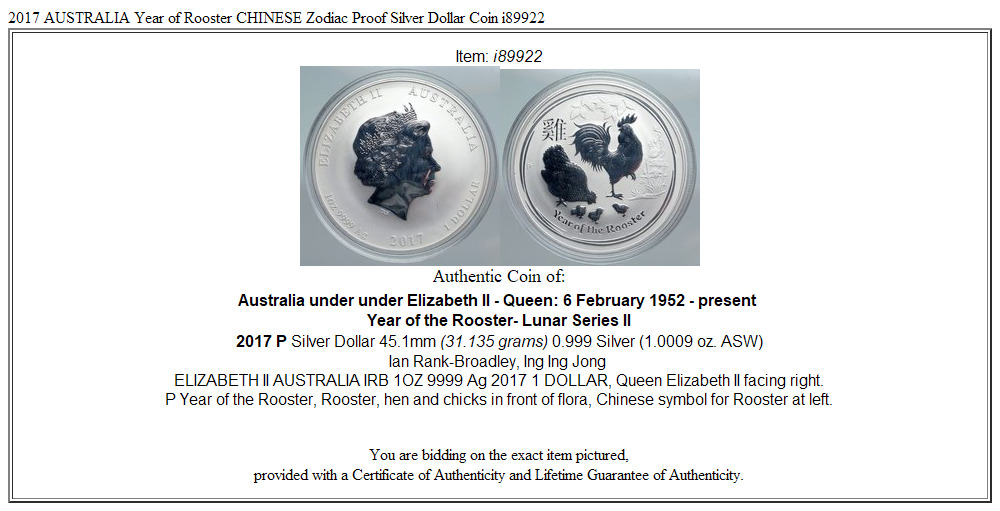 2017 AUSTRALIA Year of Rooster CHINESE Zodiac Proof Silver Dollar Coin i89922