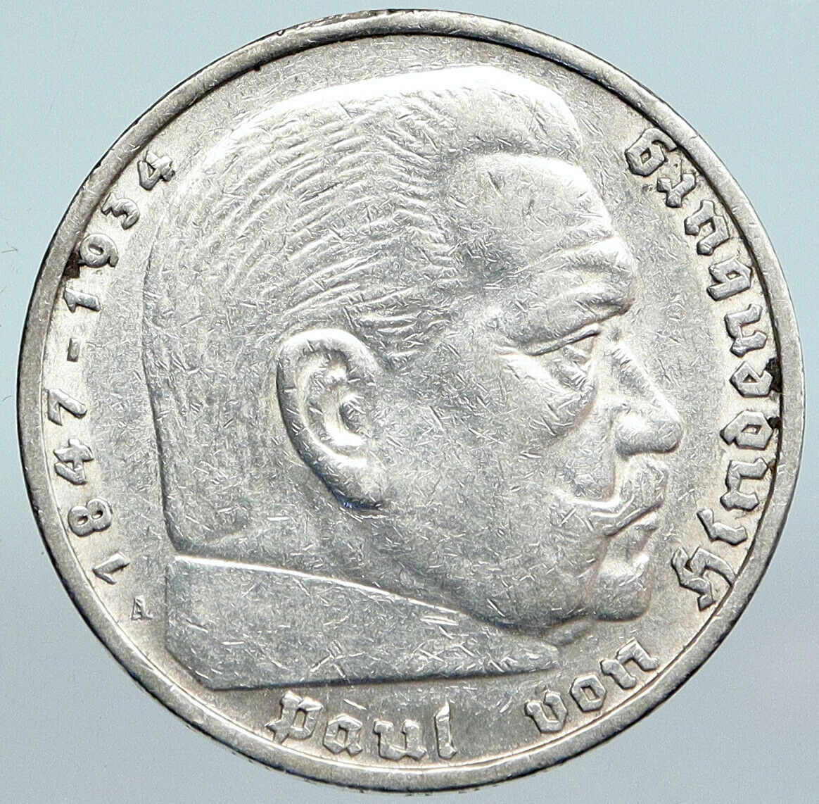 1935A Germany 2nd President Paul von Hindenburg Silver German 5 Mark Coin i89956