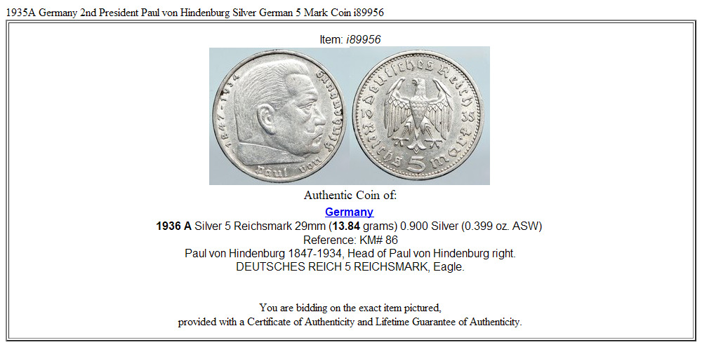 1935A Germany 2nd President Paul von Hindenburg Silver German 5 Mark Coin i89956