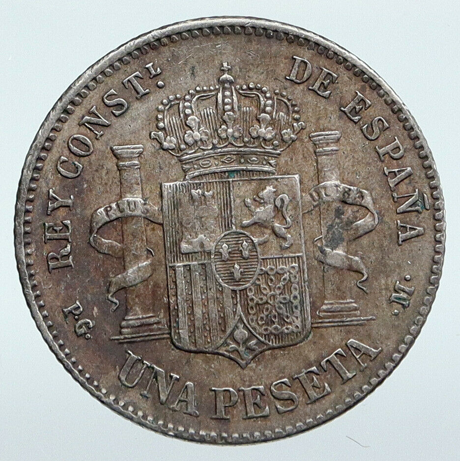 1891 SPAIN Spanish King ALFONSO XIII Antique VINTAGE Silver 1 Peseta Coin i89959