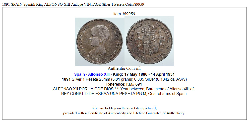 1891 SPAIN Spanish King ALFONSO XIII Antique VINTAGE Silver 1 Peseta Coin i89959