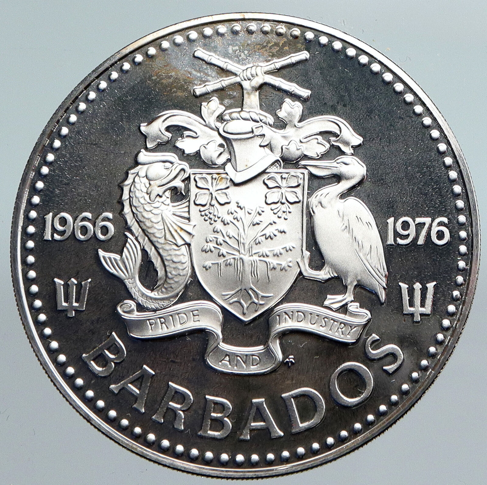 1976 BARBADOS Trafalgar Fountain Arms VINTAGE PROOF Silver 5 Dollars Coin i89970