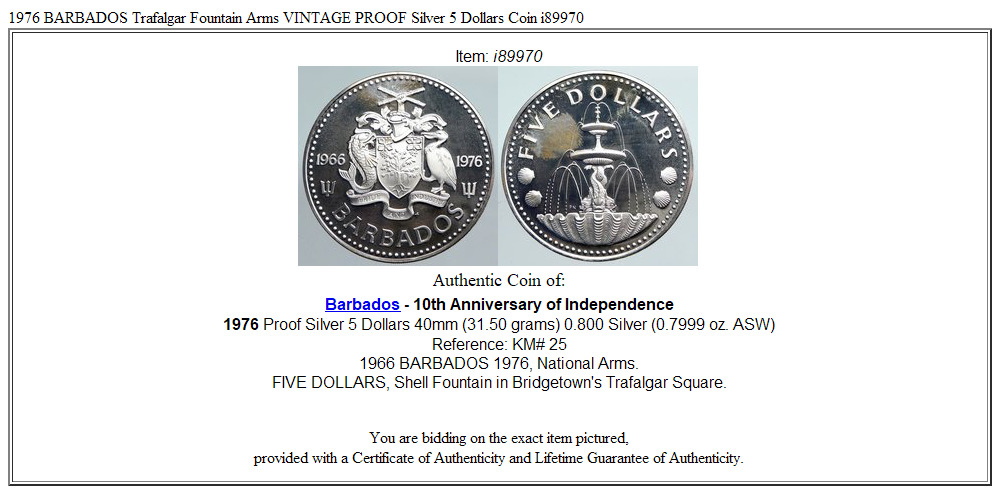 1976 BARBADOS Trafalgar Fountain Arms VINTAGE PROOF Silver 5 Dollars Coin i89970