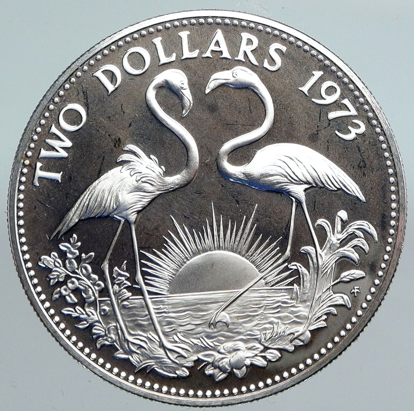 1973 The BAHAMAS Old Queen Elizabeth II FLAMINGO Old Proof Silver $2 Coin i89969