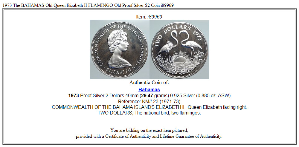 1973 The BAHAMAS Old Queen Elizabeth II FLAMINGO Old Proof Silver $2 Coin i89969