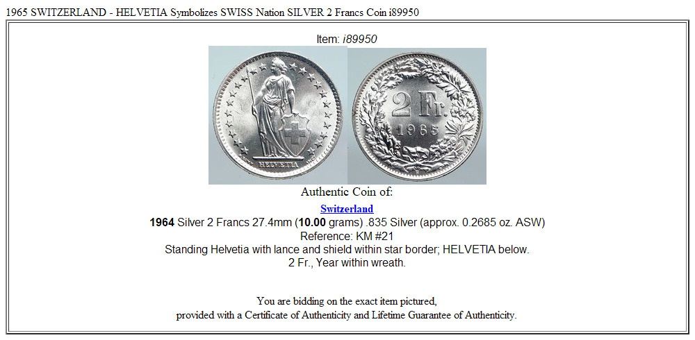 1965 SWITZERLAND - HELVETIA Symbolizes SWISS Nation SILVER 2 Francs Coin i89950