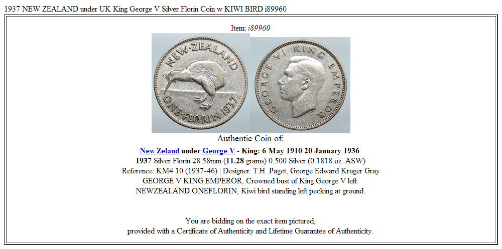 1937 NEW ZEALAND under UK King George V Silver Florin Coin w KIWI BIRD i89960