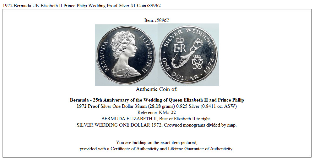 1972 Bermuda UK Elizabeth II Prince Philip Wedding Proof Silver $1 Coin i89962