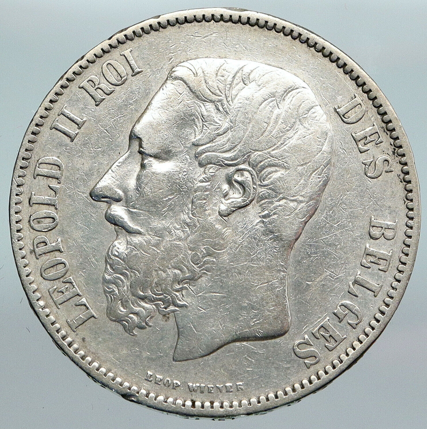 1873 BELGIUM with King LEOPOLD II and LION Genuine Silver 5 Francs Coin i89968