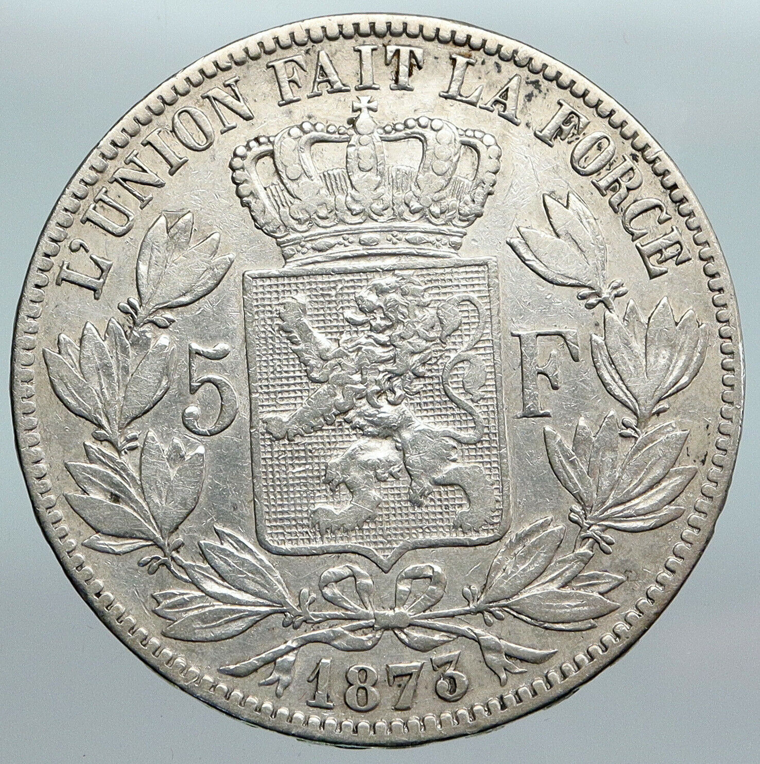 1873 BELGIUM with King LEOPOLD II and LION Genuine Silver 5 Francs Coin i89968