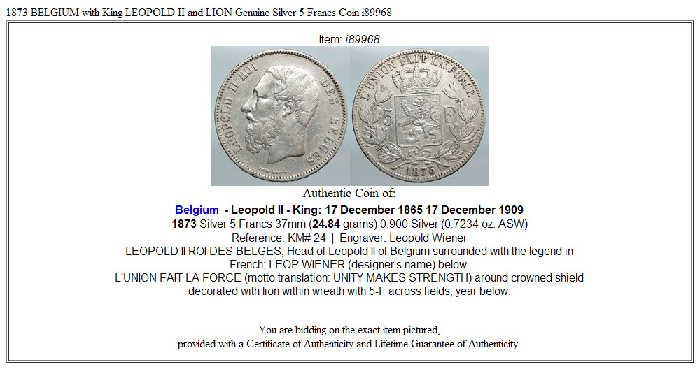 1873 BELGIUM with King LEOPOLD II and LION Genuine Silver 5 Francs Coin i89968