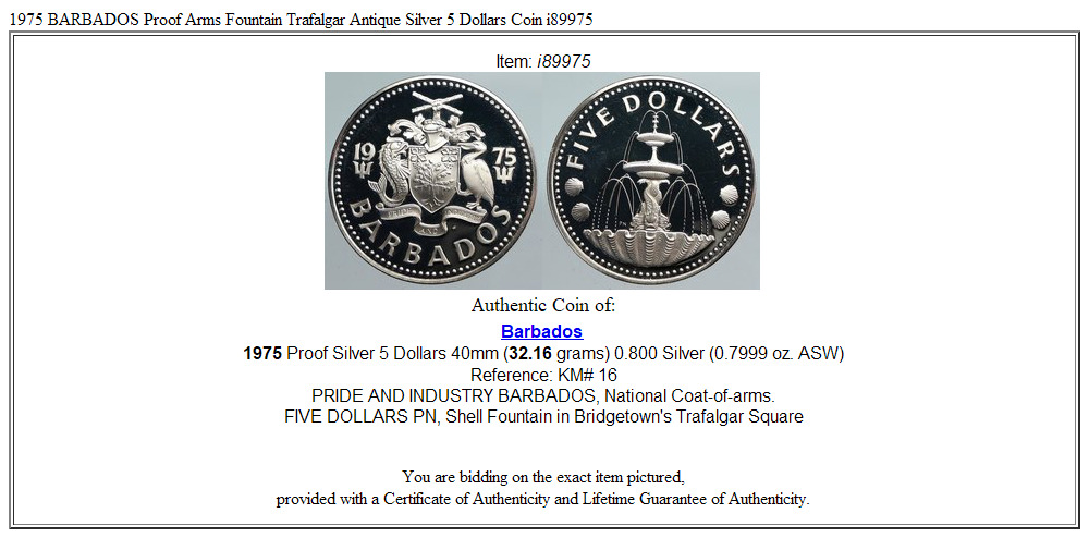 1975 BARBADOS Proof Arms Fountain Trafalgar Antique Silver 5 Dollars Coin i89975