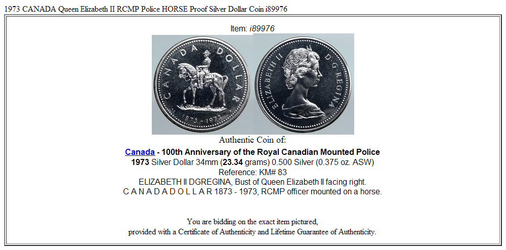 1973 CANADA Queen Elizabeth II RCMP Police HORSE Proof Silver Dollar Coin i89976