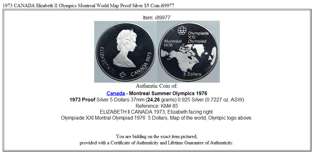 1973 CANADA Elizabeth II Olympics Montreal World Map Proof Silver $5 Coin i89977