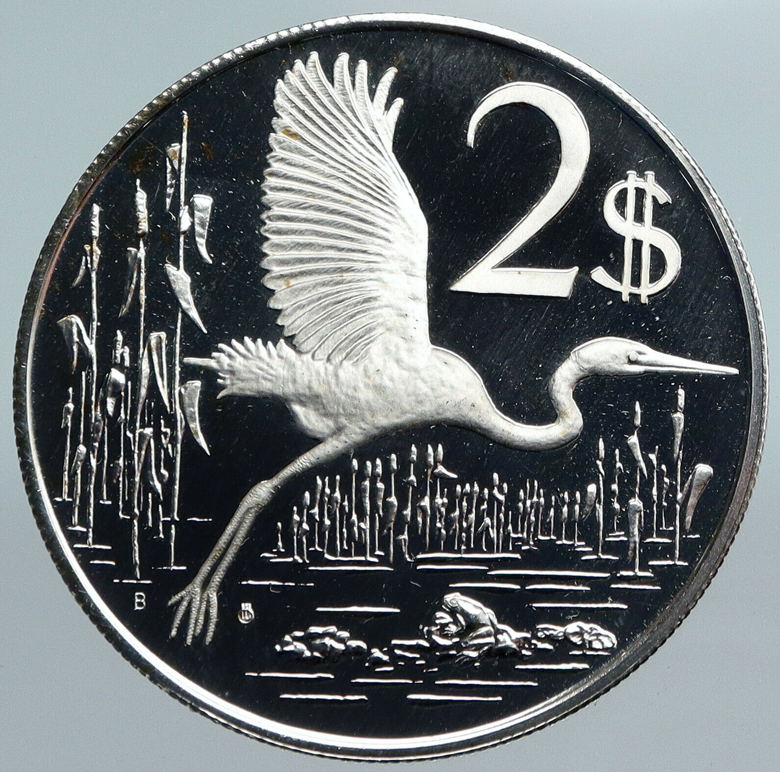 1974 CAYMAN ISLANDS 4.0cm OLD GREAT BLUE HERON BIRD Proof Silver $2 Coin i89978