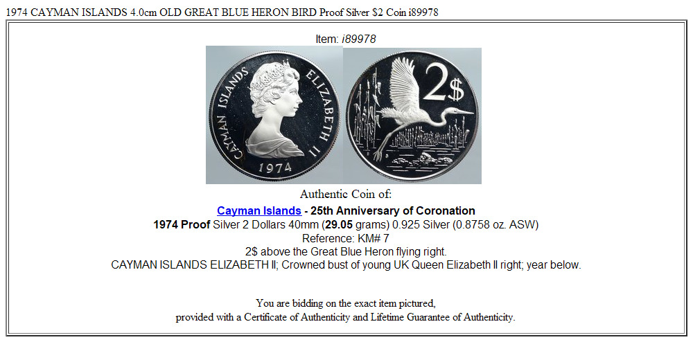 1974 CAYMAN ISLANDS 4.0cm OLD GREAT BLUE HERON BIRD Proof Silver $2 Coin i89978