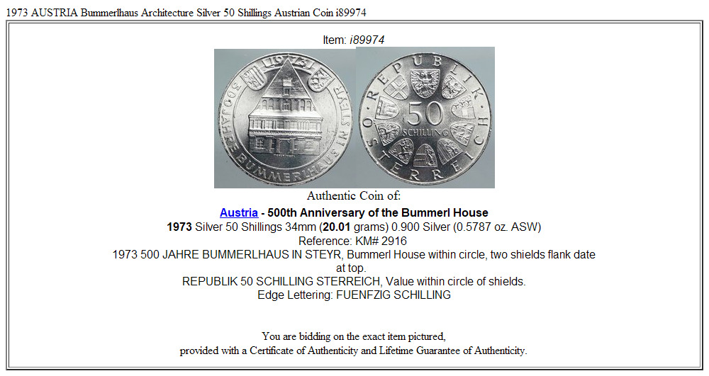 1973 AUSTRIA Bummerlhaus Architecture Silver 50 Shillings Austrian Coin i89974