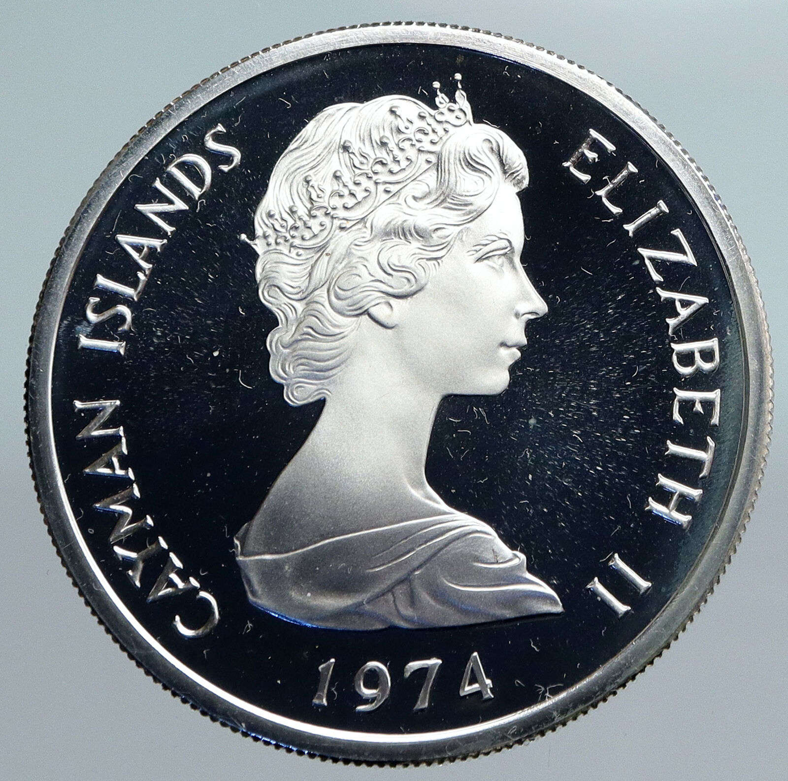 1974 CAYMAN ISLANDS 4.2cm UK Queen Elizabeth II OLD Proof Silver $5 Coin i89980