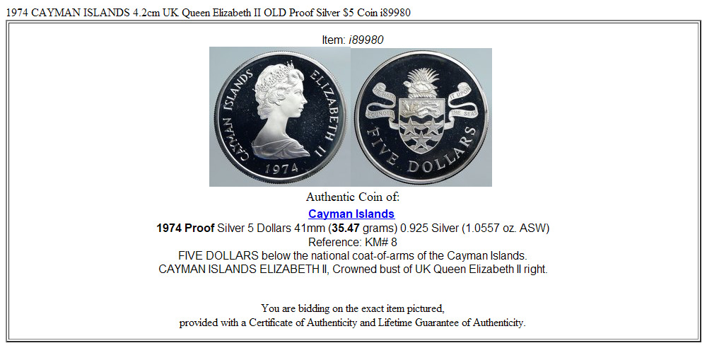 1974 CAYMAN ISLANDS 4.2cm UK Queen Elizabeth II OLD Proof Silver $5 Coin i89980