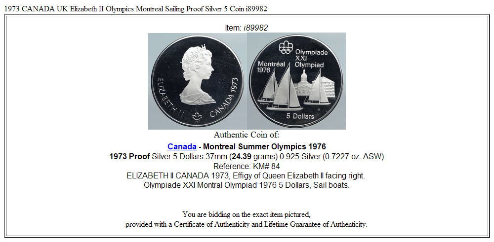 1973 CANADA UK Elizabeth II Olympics Montreal Sailing Proof Silver 5 Coin i89982