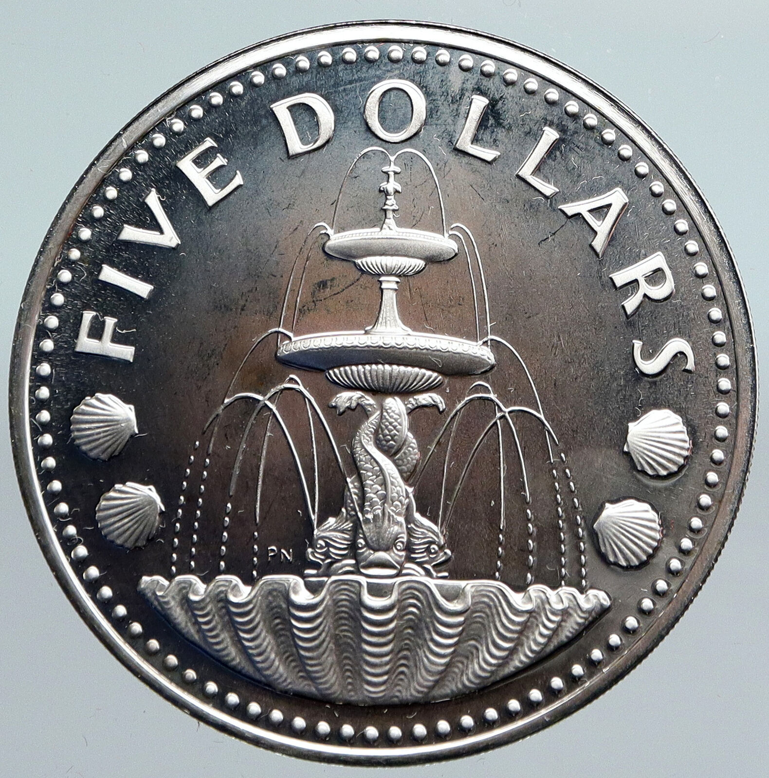 1974 BARBADOS Arms Fountain Trafalgar VINTAGE Proof Silver 5 Dollars Coin i89971