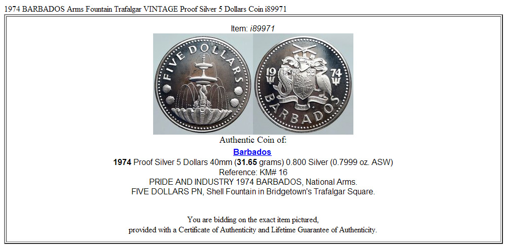 1974 BARBADOS Arms Fountain Trafalgar VINTAGE Proof Silver 5 Dollars Coin i89971