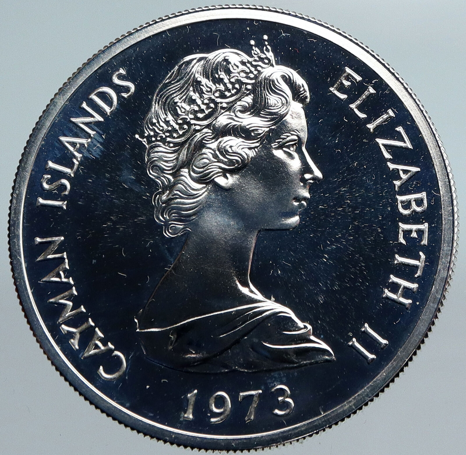 1973 CAYMAN ISLANDS 4.1cm UK Queen Elizabeth II OLD Proof Silver $5 Coin i89981