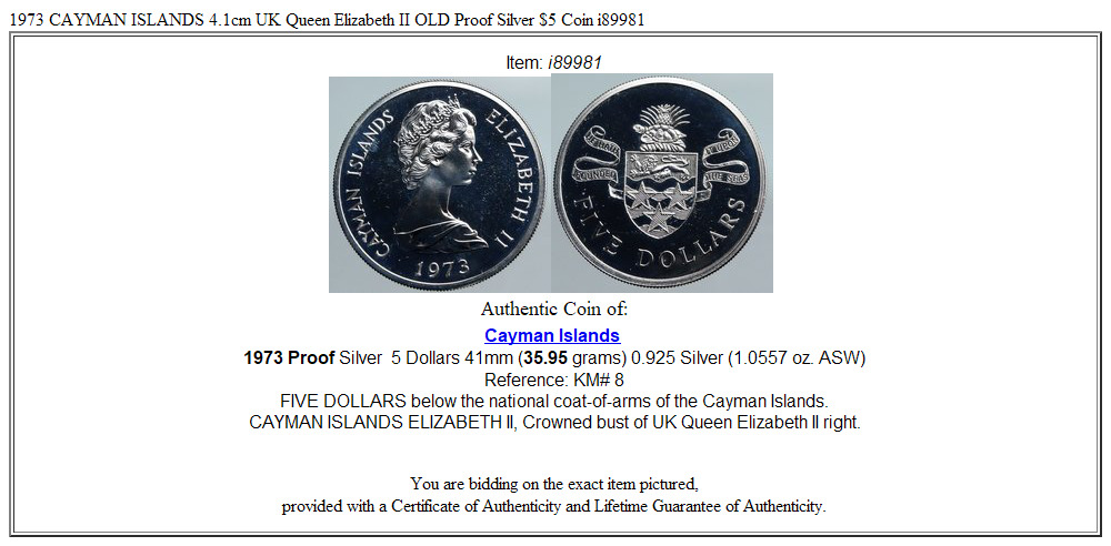 1973 CAYMAN ISLANDS 4.1cm UK Queen Elizabeth II OLD Proof Silver $5 Coin i89981