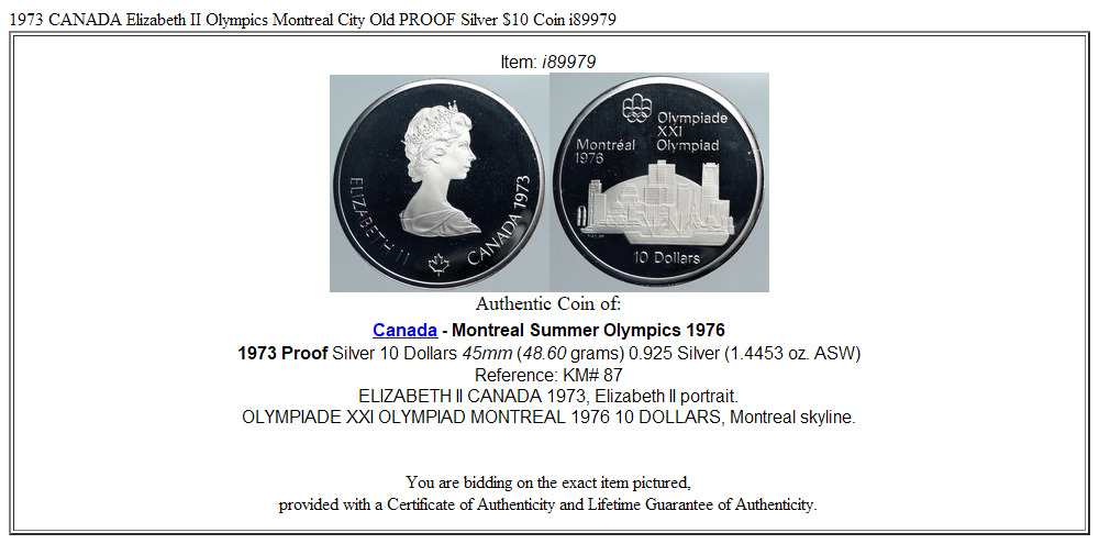 1973 CANADA Elizabeth II Olympics Montreal City Old PROOF Silver $10 Coin i89979