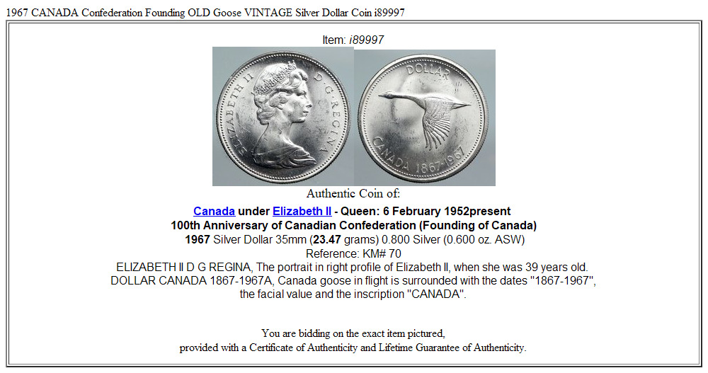 1967 CANADA Confederation Founding OLD Goose VINTAGE Silver Dollar Coin i89997