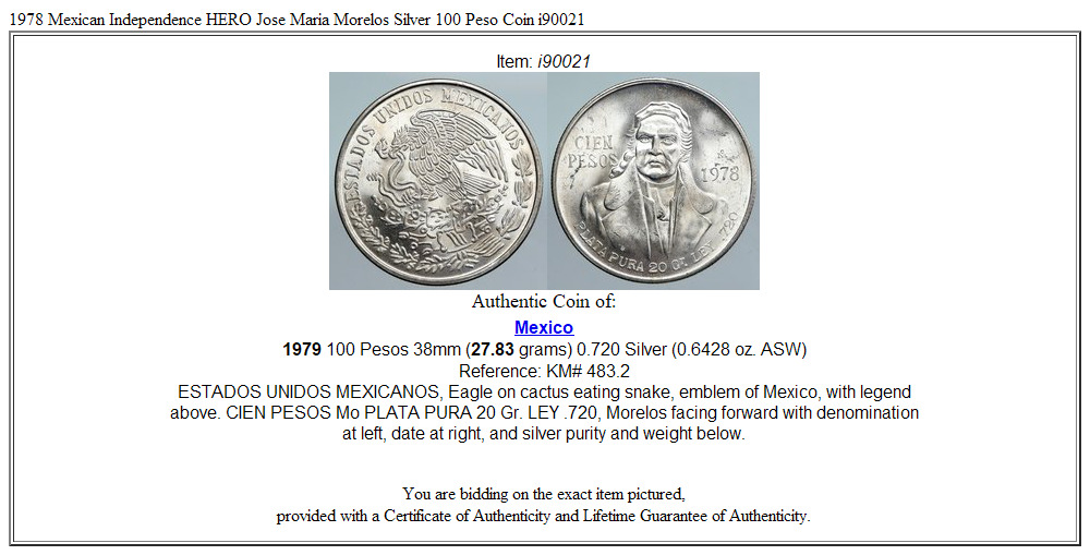 1978 Mexican Independence HERO Jose Maria Morelos Silver 100 Peso Coin i90021