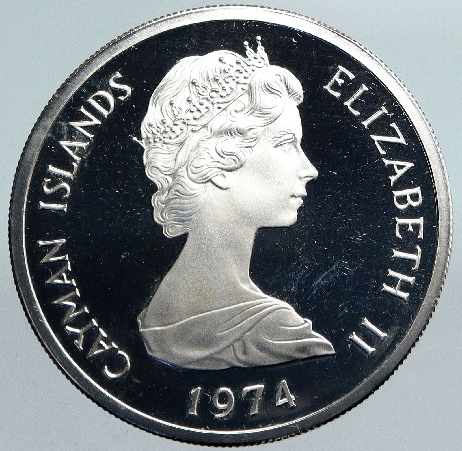 1974 CAYMAN ISLANDS 4.2cm UK Queen Elizabeth II OLD Proof Silver $5 Coin i89993