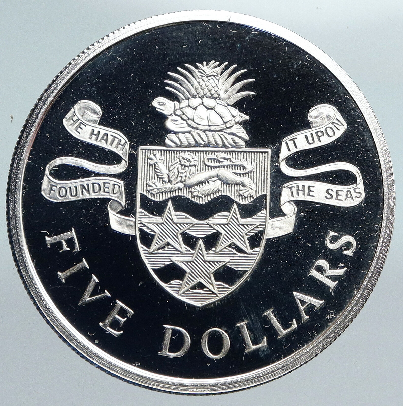 1974 CAYMAN ISLANDS 4.2cm UK Queen Elizabeth II OLD Proof Silver $5 Coin i89993