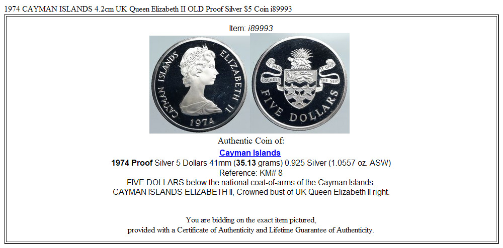 1974 CAYMAN ISLANDS 4.2cm UK Queen Elizabeth II OLD Proof Silver $5 Coin i89993