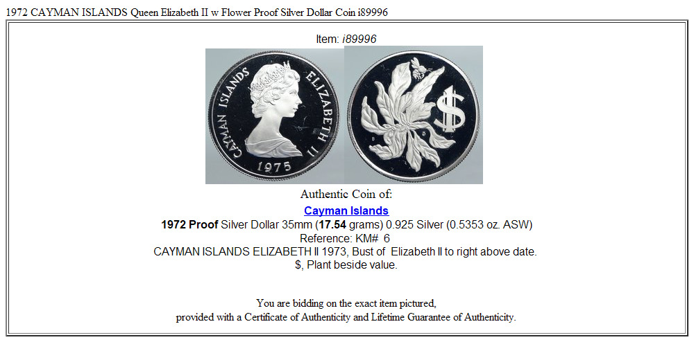 1972 CAYMAN ISLANDS Queen Elizabeth II w Flower Proof Silver Dollar Coin i89996