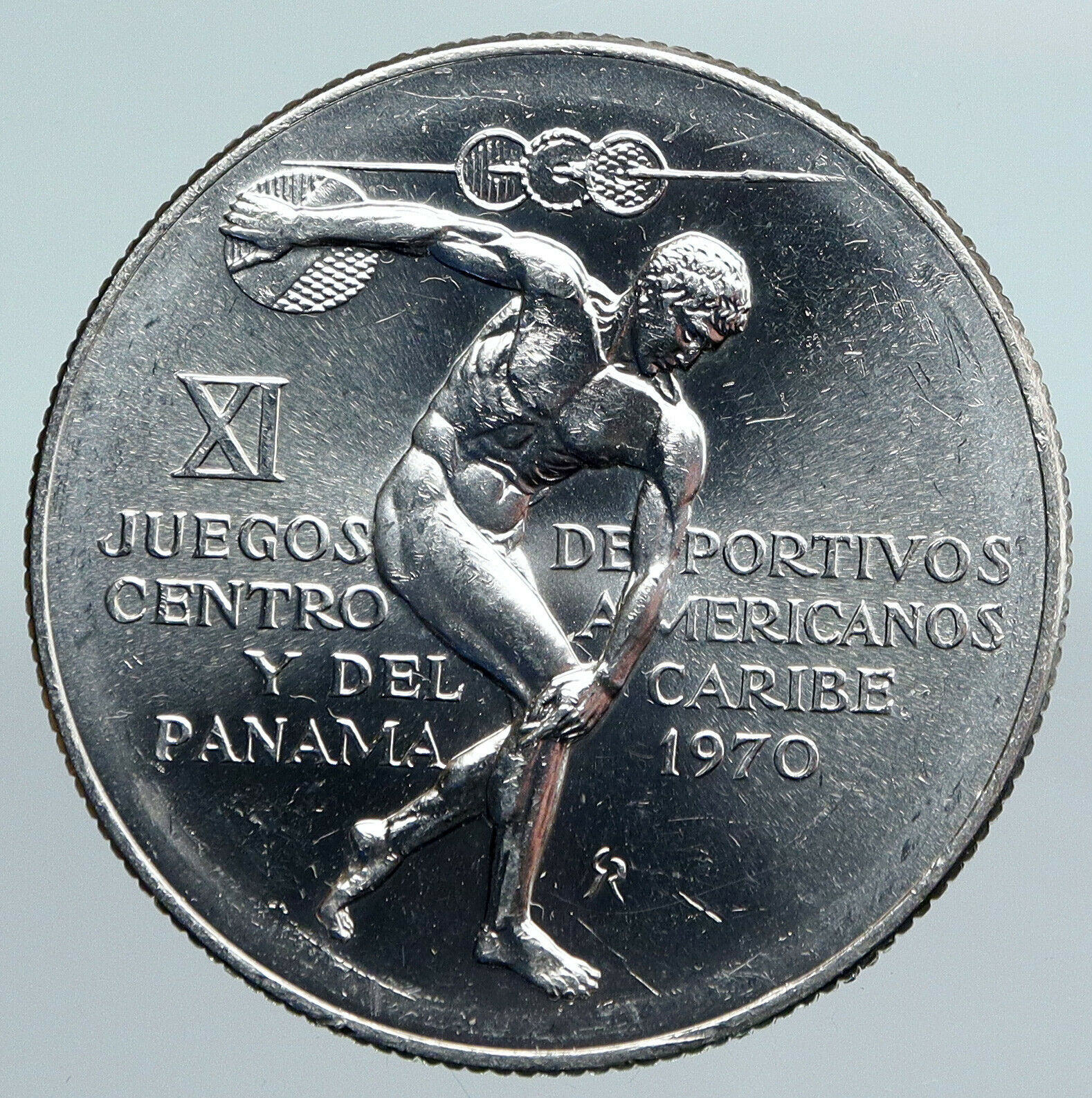 1970 PANAMA Olympic Style Games GREEK DISC THROWER ATHLETE Silver 5B Coin i90020