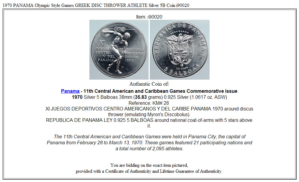 1970 PANAMA Olympic Style Games GREEK DISC THROWER ATHLETE Silver 5B Coin i90020