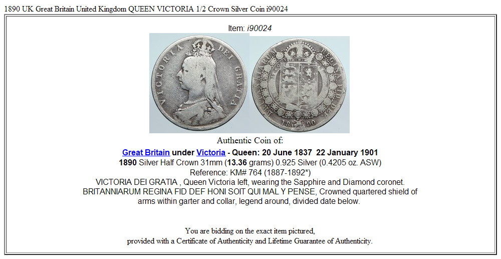 1890 UK Great Britain United Kingdom QUEEN VICTORIA 1/2 Crown Silver Coin i90024