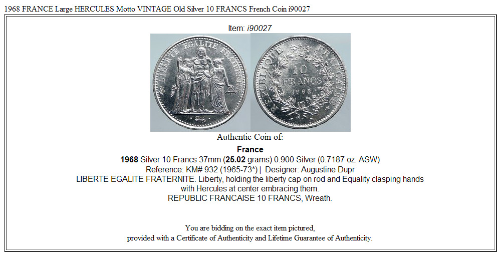 1968 FRANCE Large HERCULES Motto VINTAGE Old Silver 10 FRANCS French Coin i90027