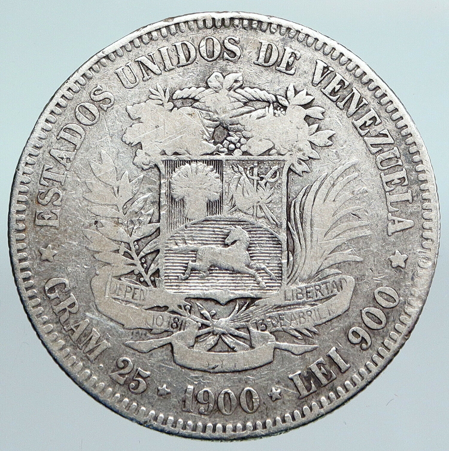 1900 Freemason President Simon Bolivar VENEZUELA Founder Silver 5 B Coin i90023