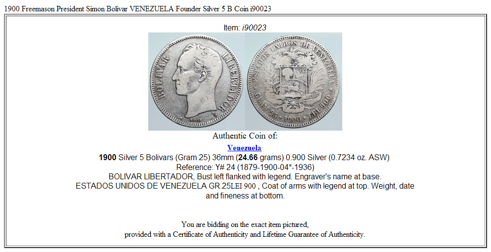 1900 Freemason President Simon Bolivar VENEZUELA Founder Silver 5 B Coin i90023