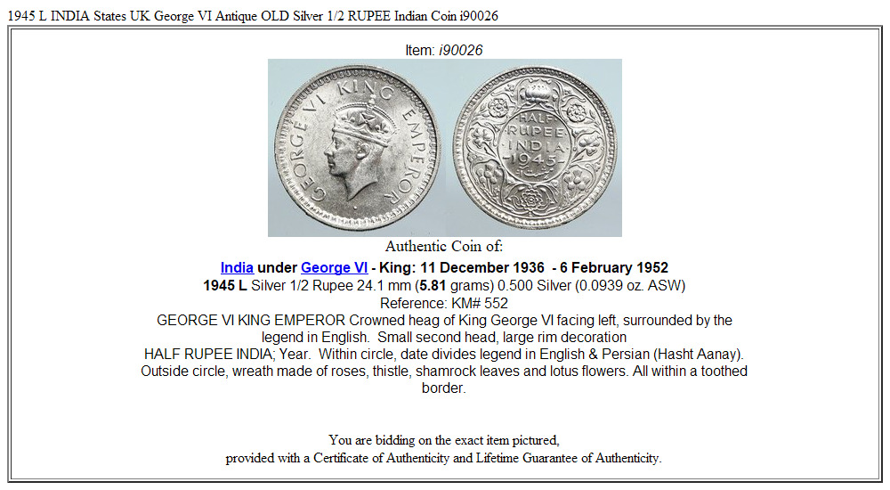 1945 L INDIA States UK George VI Antique OLD Silver 1/2 RUPEE Indian Coin i90026