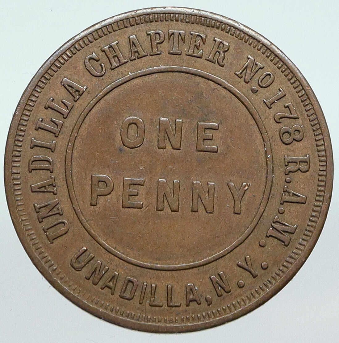 USA FREEMASON Unadilla, NEW YORK Lodge No 178 VINTAGE Penny Masonic Token i90632