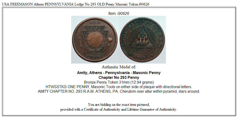 USA FREEMASON Athens PENNSYLVANIA Lodge No 293 OLD Penny Masonic Token i90626