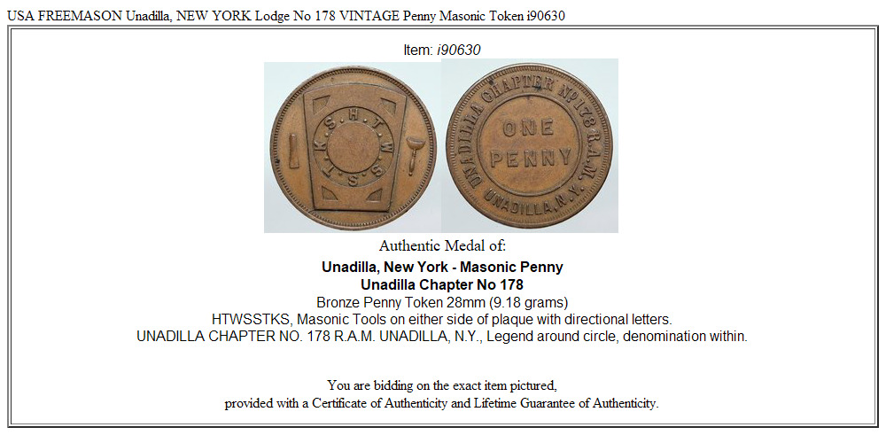 USA FREEMASON Unadilla, NEW YORK Lodge No 178 VINTAGE Penny Masonic Token i90630