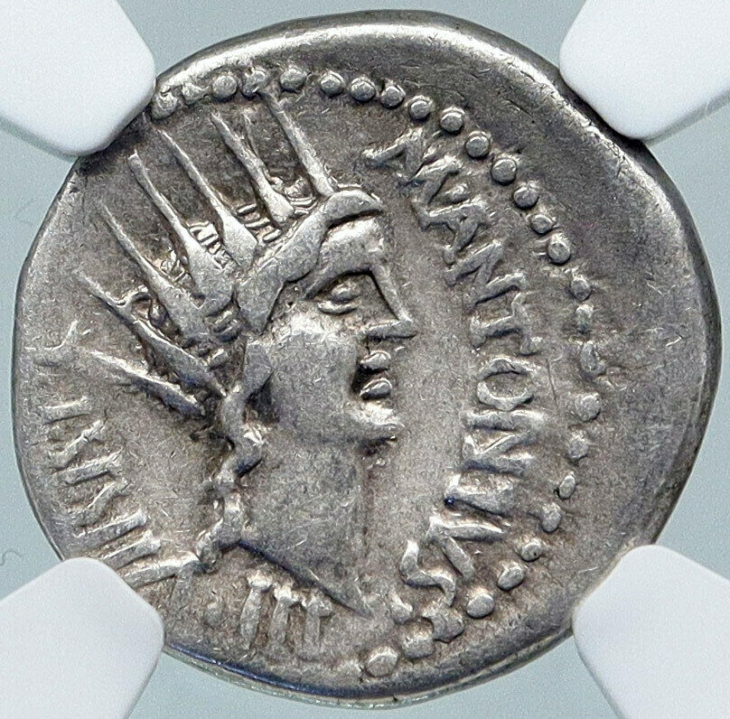 MARK ANTONY 42BC Military Mint Ancient Silver Roman DENARIUS Coin SOL NGC i87707