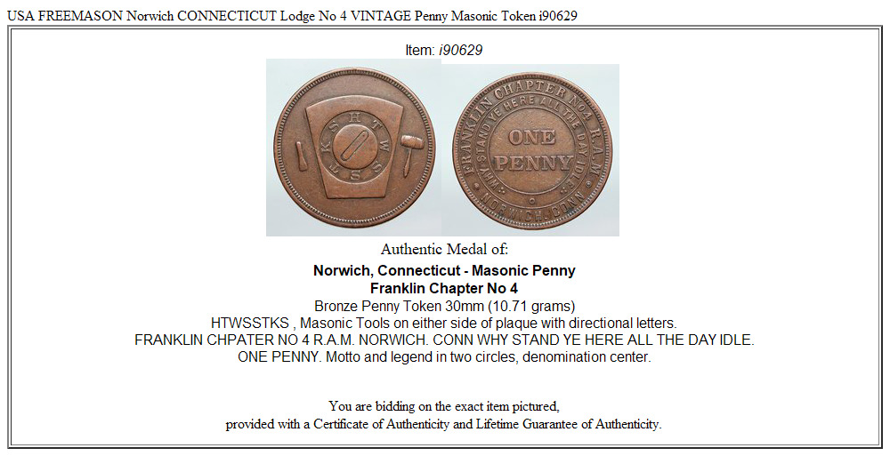 USA FREEMASON Norwich CONNECTICUT Lodge No 4 VINTAGE Penny Masonic Token i90629