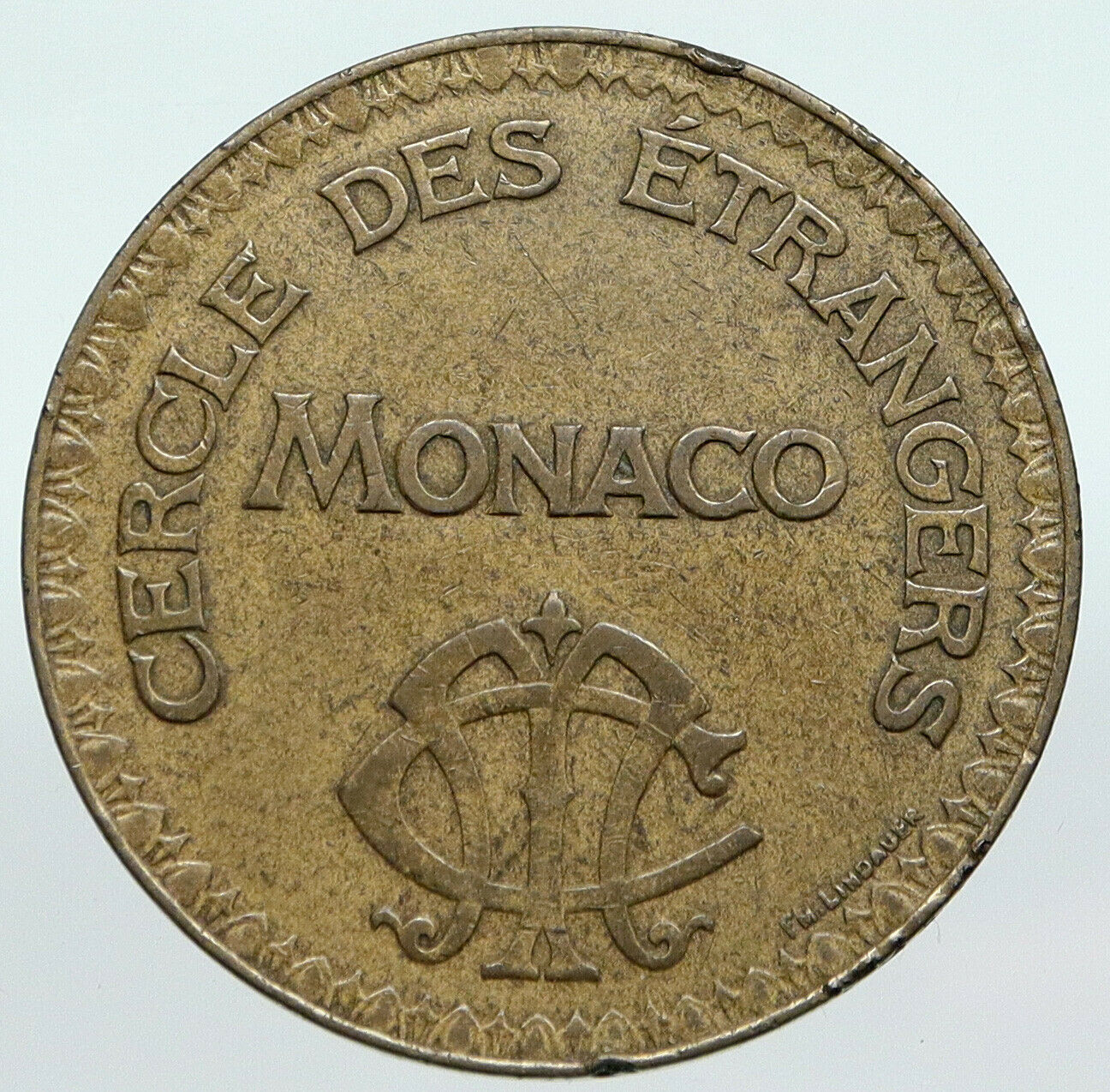 1910-20 MONACO Casino Chip CERCEL DES ENTRANGERS Old 10 Franc Medal Coin i90596