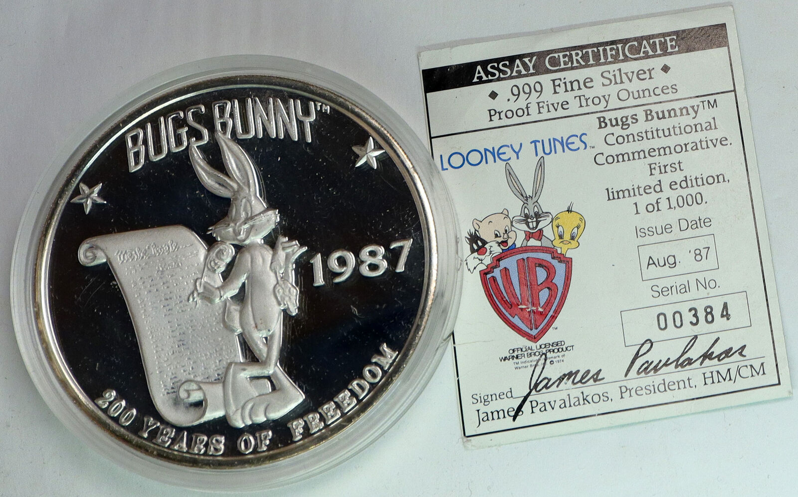 1987 UNITED STATES USA Looney Tunes BUGS BUNNY Freedom 5OZ Silver Medal i90693